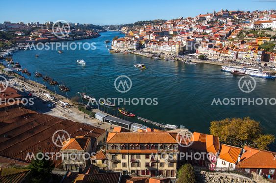 View of Douro river and Ribeira from Vila Nova de Gaia, Porto, Portugal.