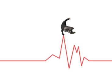 Graph, jump and stock market with business man in studio...