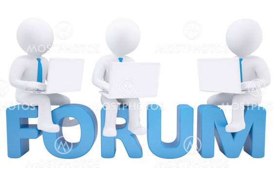 3d man sitting with a laptop on the word forum