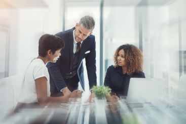 Blur, business people and meeting for discussion of...