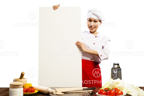 Asian female chef holding poster for the text
