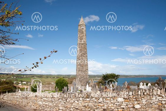 Ardmore round tower and celtic graveyard with cathedral