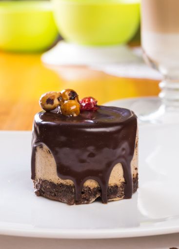 Round mini chocolate souffle cake close up