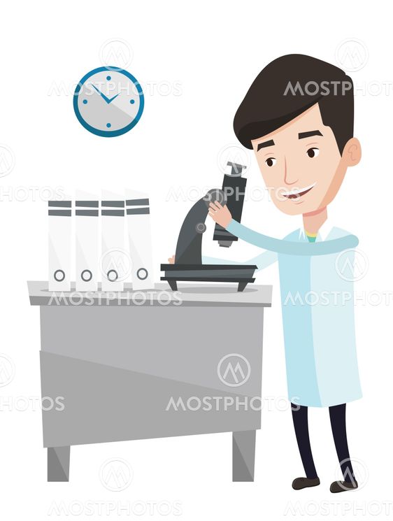Laboratory assistant with microscope.