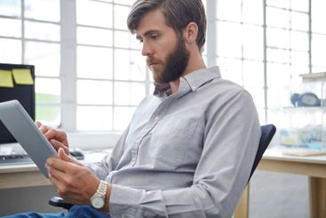 Man, typing and employee with tablet in office, event...