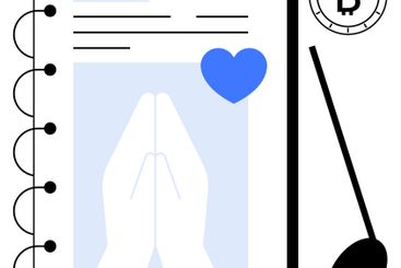 Prayer Hands on Notebook with Bitcoin Symbol and Spoon,...