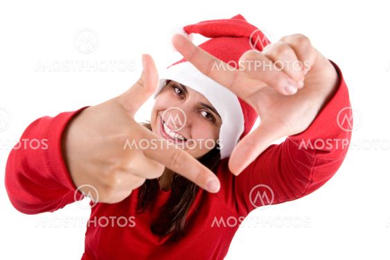 young santa woman in red costume doing a photo frame with her hands