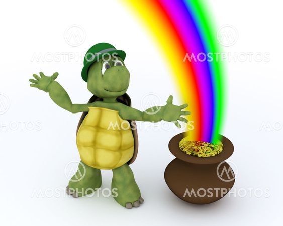 tortoise with pot of gold and rainbow