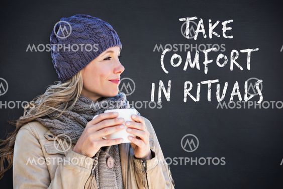 Composite image of pretty blonde with mug