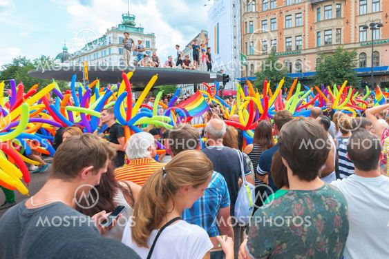 Pride parade in Stockholm and the parade going thru...