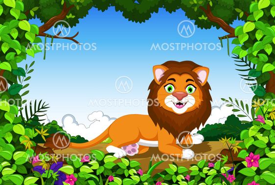 lion cartoon sitting in the jungle