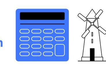 Calculator, Windmill, and Person in Blue Shirt Pointing...