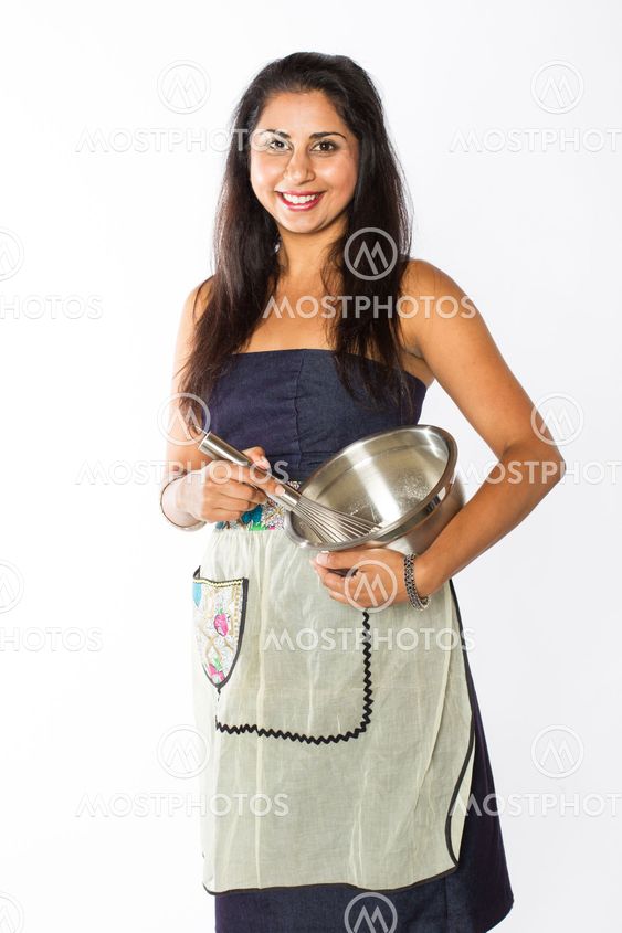 Smiling Indian Woman with Silver Bowl and Whisk