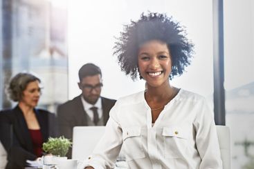 Businesswoman, portrait and about us in office for...