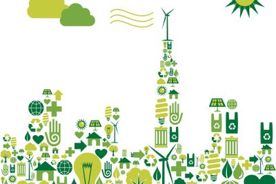 Green City silhouette with environmental icons