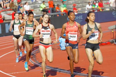 Running athletes in the 1500m Women competition in IAAF...