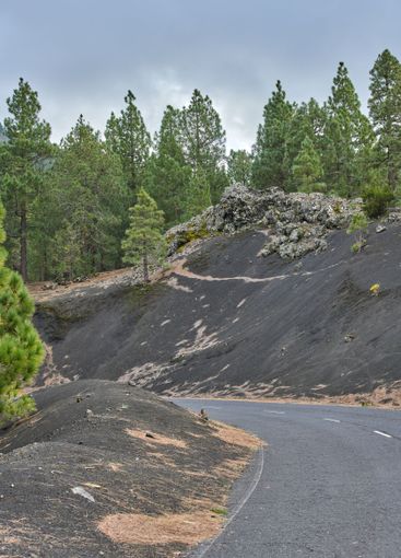Landscape, road and volcanic terrain of mountain outdoor...