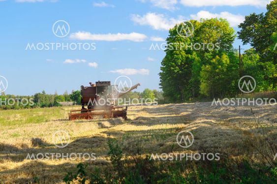 Old soviet combine harvester working in a field
