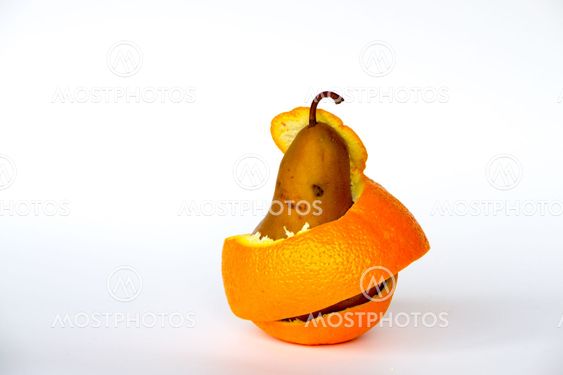 Pear wraped with an orange skin