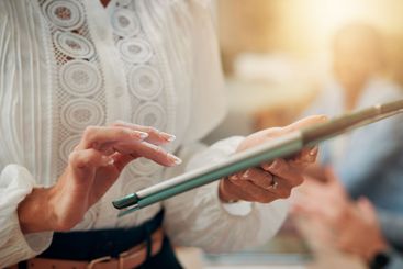 Office, hands or businesswoman in company on tablet for...