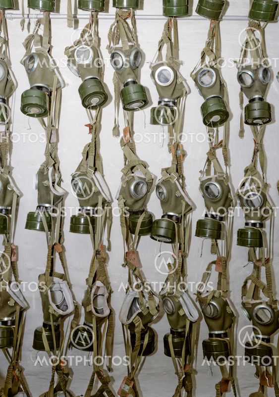 old military gas masks hanging
