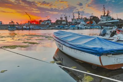 Sunset seascape on the port of Sozopol, Burgas Region