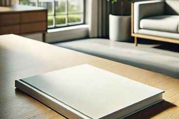 White Book Mockup on Wooden Desk with Soft Natural Light