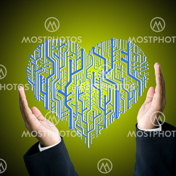 Busineesman protect the circuit board in heart shape