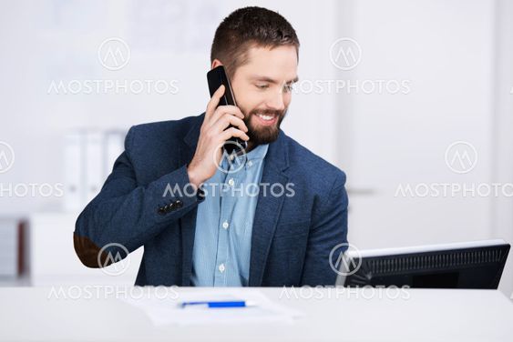 Businessman Working On Computer While Using Mobile Phone...