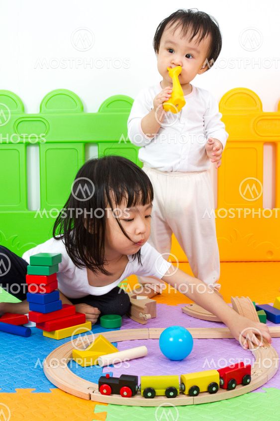 Asian Chinese childrens playing with blocks