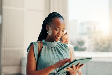 Business, tablet and woman in city, scroll and...