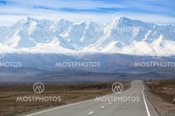 View of Chuysky Trakt on a background of the mountain North-Chuya ridge of Altai Republic, Russia.