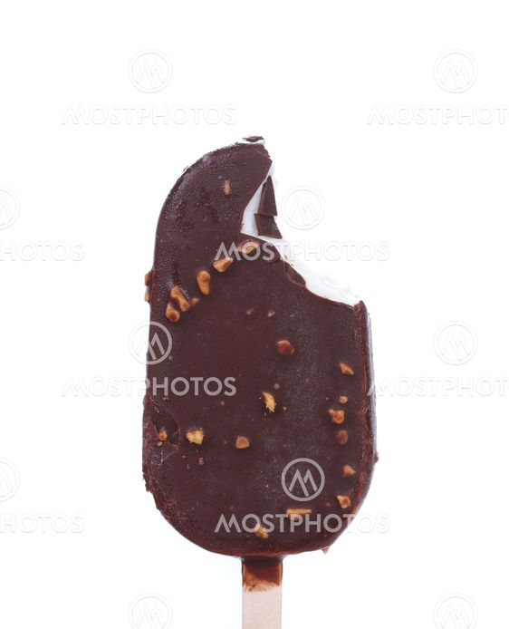 Bitten chocolate-coated ice cream on stick.
