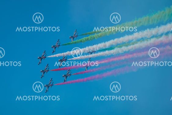 Acrobatic group of Freccia trecolori jet aeroplanes are...