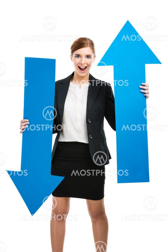 Business woman holding blue arrows