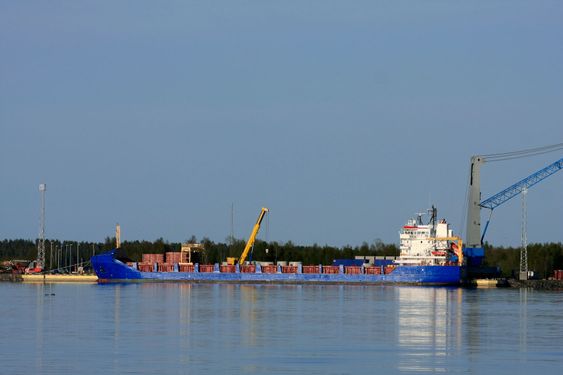 Cargo Ship in port, Minor ship in a harbor.