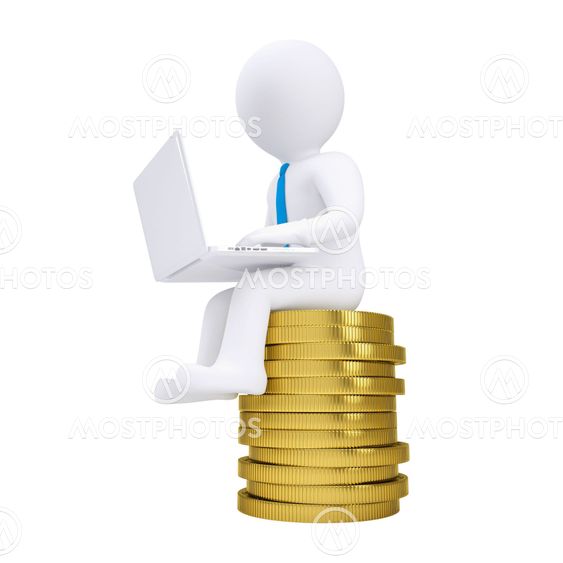 3d man with laptop sitting on a pile of gold coins