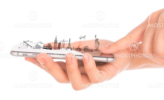 Female hand holding gold mobile phone smartphone travel...