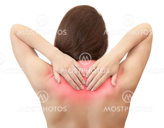 Woman holding hands her back in pain with red symbol...