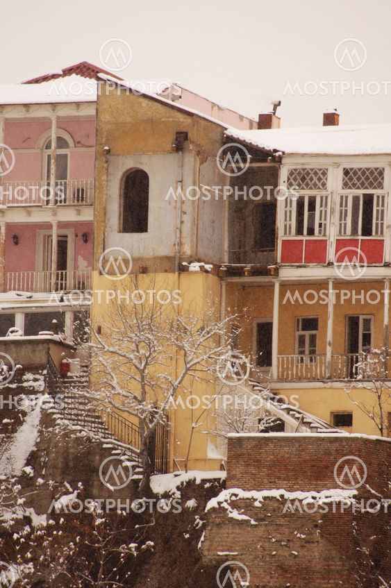 Winter view to covered with snow Tbilisi Old town in...