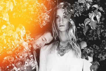 Flowers, nature and people by bush in garden for spring...