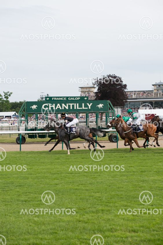 CHATILLY, FRANCE - JUNE 2013: Third Course of the Prize of Diane Longines on June 16, 2013 in Chantilly. Course name: Grand Handicap Longines.