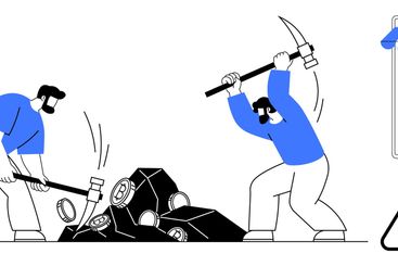 Workers Breaking Rocks with Tools Near Online Store and...