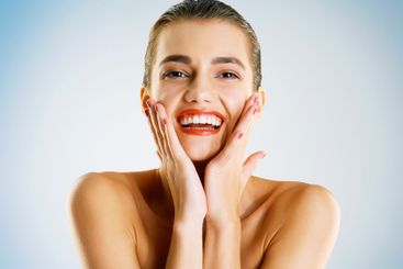 Joy, portrait and red lipstick, studio and beauty with...