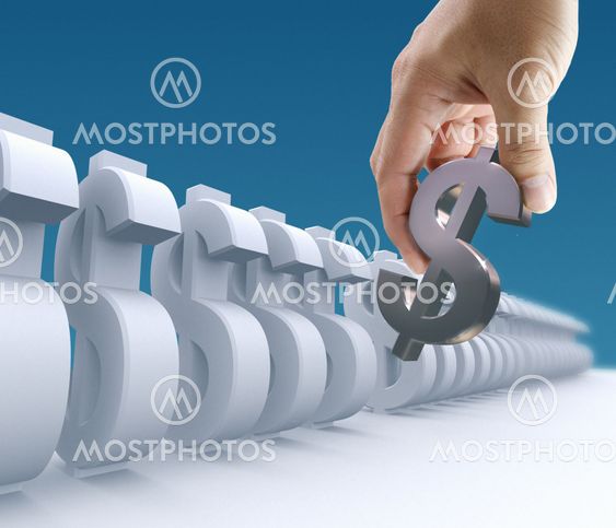 Business hand pick the right dollar sign on blue background