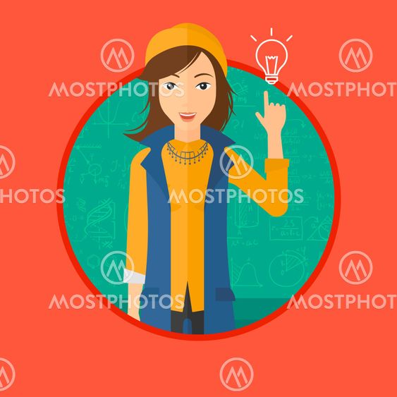 Woman pointing at light bulb.