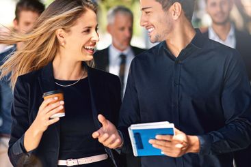 Talking, walking or business people in city with...