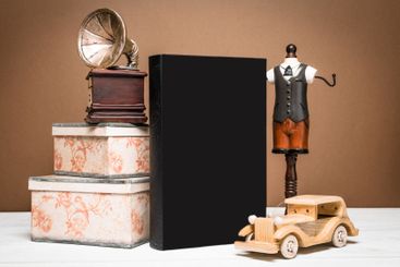 Vintage decor featuring an antique gramophone, wooden...