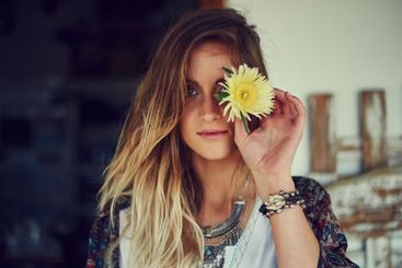 Florist, flower on eye and portrait of woman for nature...