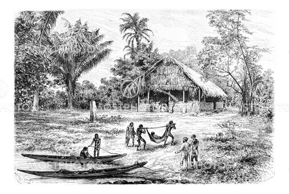 Natives Transporting a Wounded Olori Using a Stretcher in Oiapoque, Brazil, vintage engraving